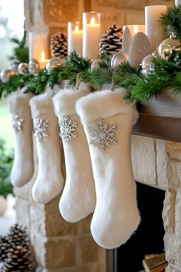 Luxe mantel with white faux fur stockings and silver snowflake brooches.