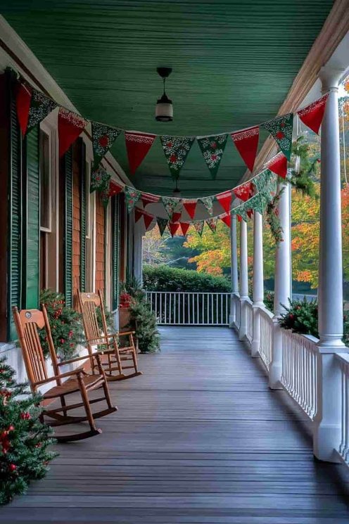 Front porch displaying festive bunting, handwritten holiday messages, wooden railing, soft lighting