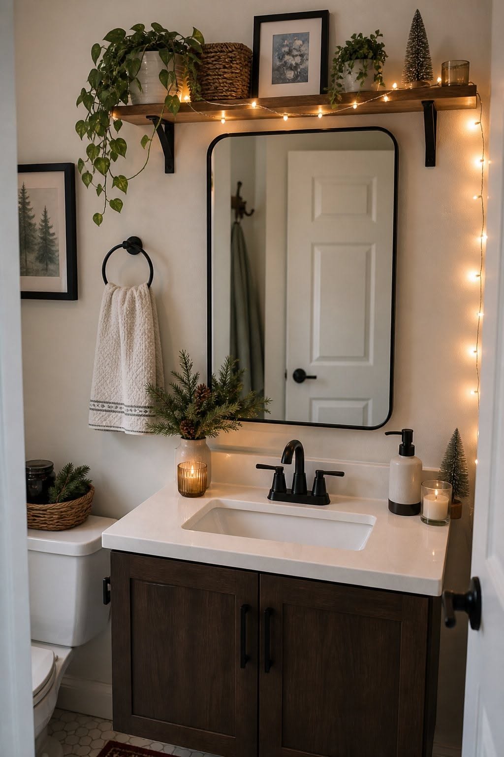 Holiday‑themed bathroom featuring string fairy lights, red plaid towels, evergreen garland, and metallic gold fixtures.