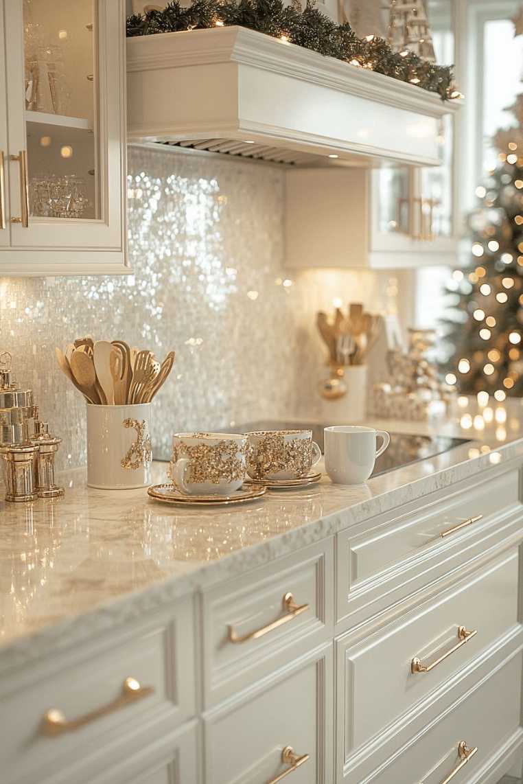 Holiday kitchen with white cabinets, gold hardware, evergreen garland, frosted glass pendant lights, red berry accents.