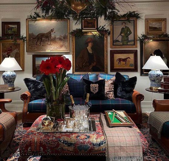 Dressing room with runway‑style mannequin, tartan scarf, brass jewelry box, soft spotlight.