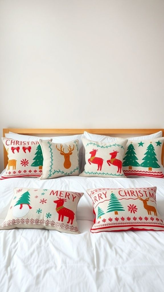 White bed with red and green festive throw pillows, simple decor, and bright natural light.