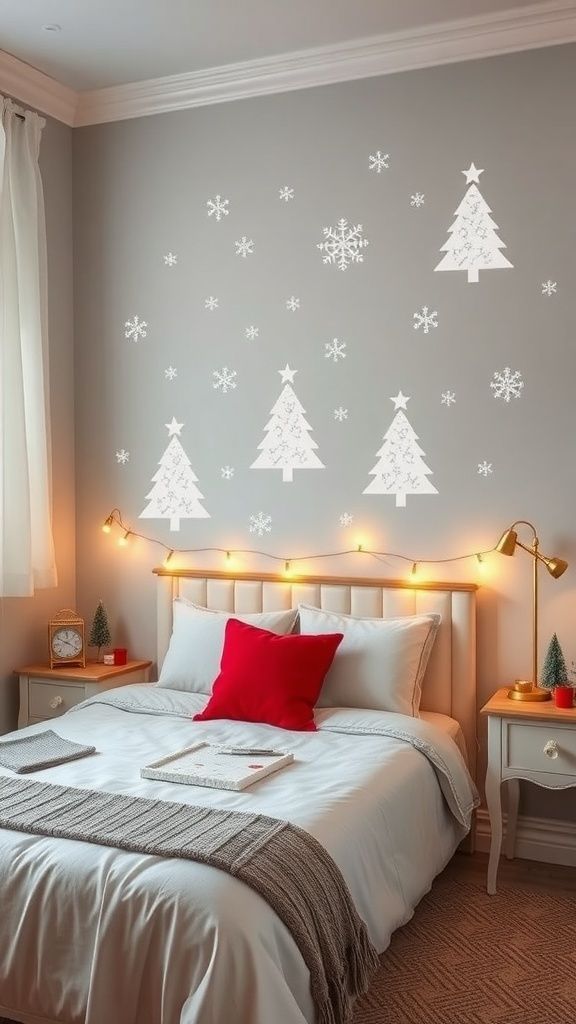Bedroom wall with removable snowflake decals, white bedding, and soft ambient lighting.