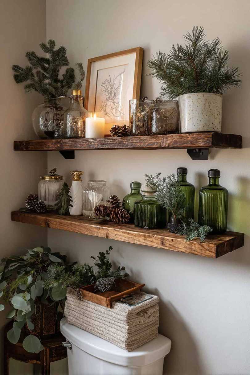 Wall shelf with holiday decor, white bathroom, organized display, warm light