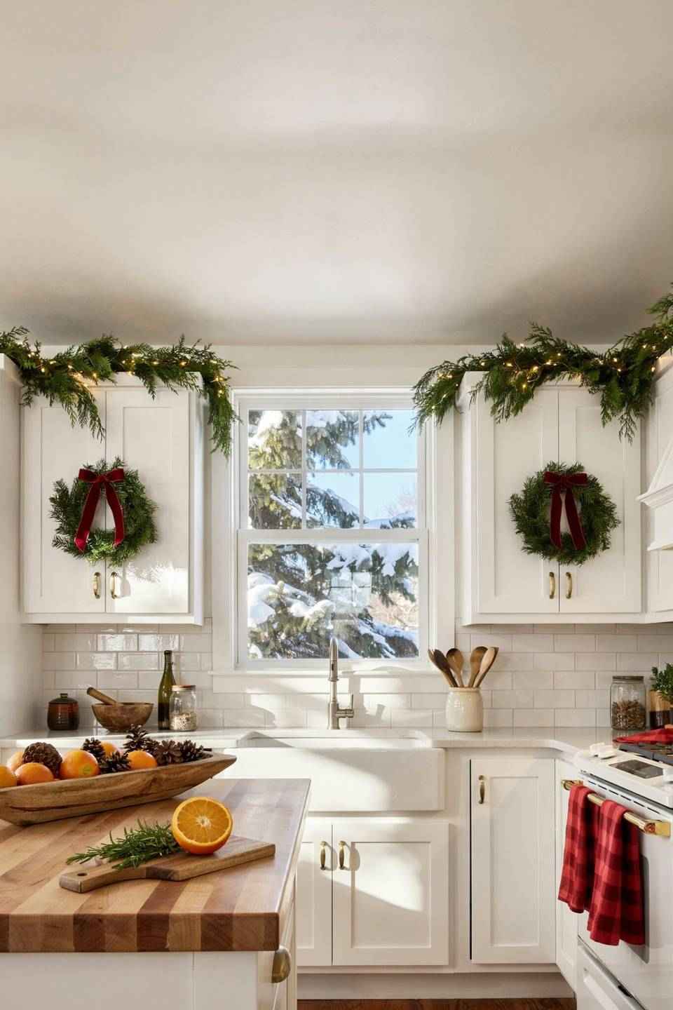 Kitchen corner with wooden tray, mugs, hot cocoa jars, rustic wood textures, warm glow.