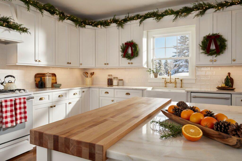 Open shelving with copper pots, bronze ornaments, white dishes, wood shelf, soft lighting.