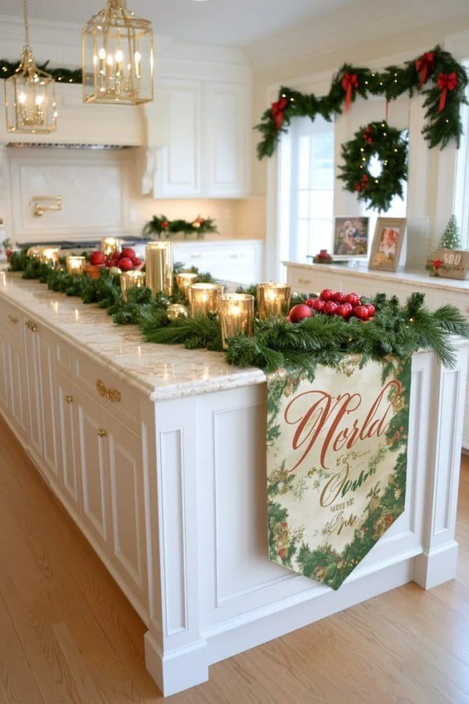 Kitchen cabinets with glass doors, interior warm lighting, gold ornaments, white plates.