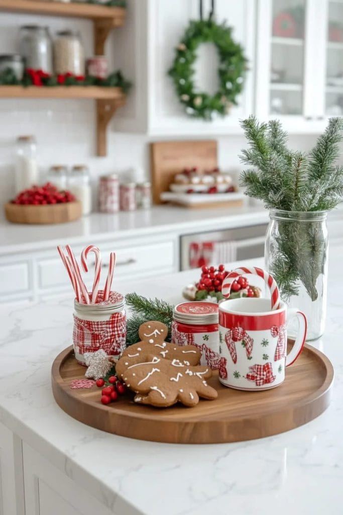 Kitchen ceiling rack, copper cookware, sprigs of holly, warm light, dark wood cabinets.