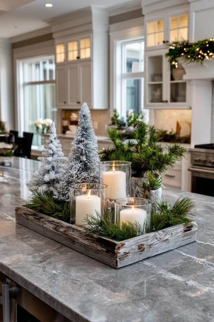 Kitchen corner with wooden ladder, holiday-themed tea towels, neutral kitchen, soft lighting.