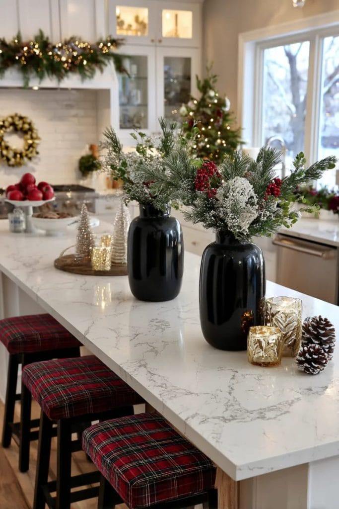 Breakfast nook, floor lanterns, plaid cushions, wood table, warm ambient lighting.