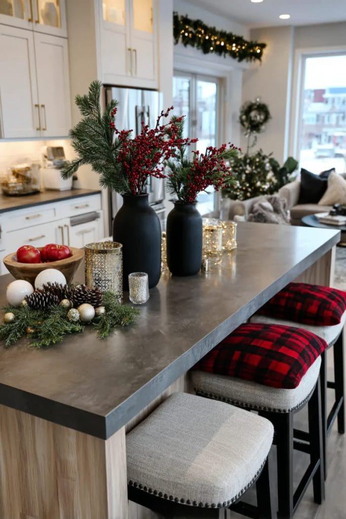 Kitchen pendant lights, wrapped in pine needles, gold hardware, modern kitchen design.