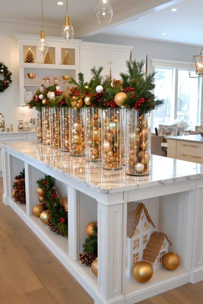 Sideboard, white ceramics, gold reindeer, eucalyptus, neutral wall, warm lighting.