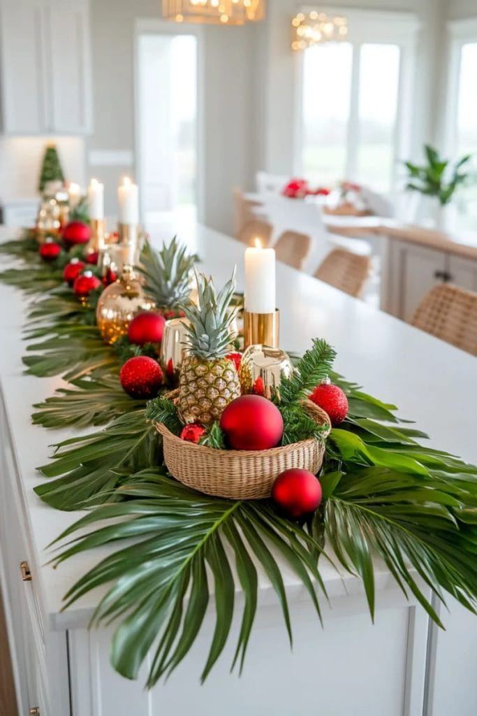 Kitchen corner, bouclé chair, soft throw blanket, pine branch, neutral colors.