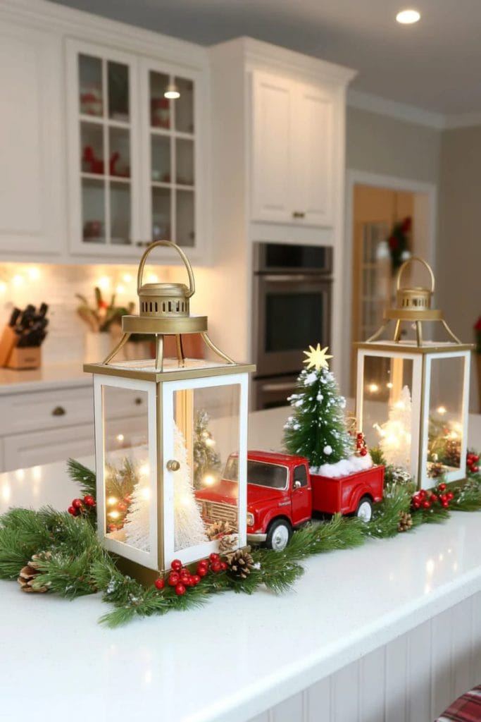 A farmhouse kitchen window decorated with a lush evergreen wreath and red velvet ribbons.