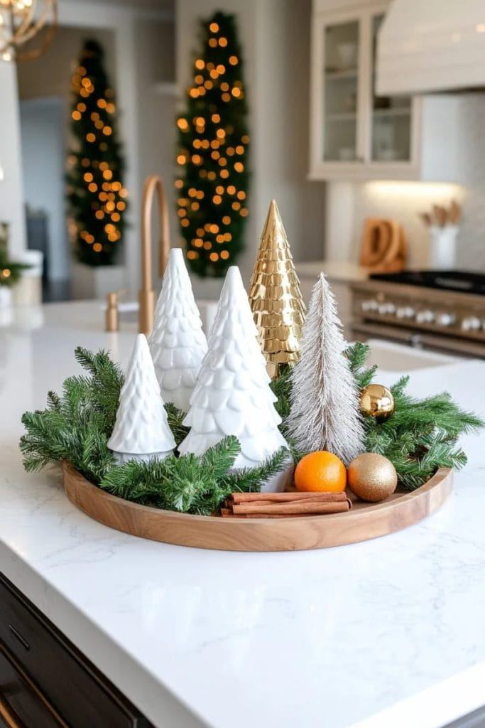 Open kitchen shelving styled with simple pine sprigs and white ceramic holiday decor.