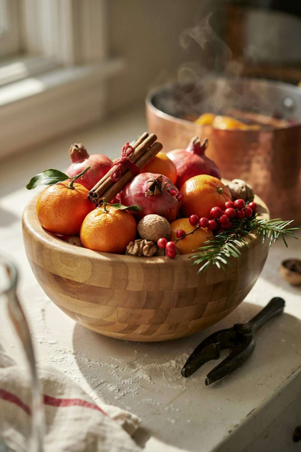 A kitchen island featuring a homemade gingerbread house centerpiece surrounded by pine garlands.