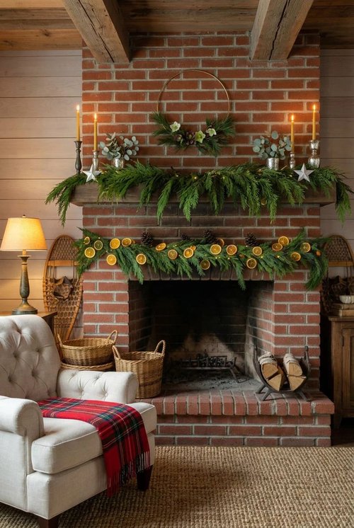 Living room fireplace framed by floor-to-hearth cedar garland, white molding, and soft warm firelight glow.