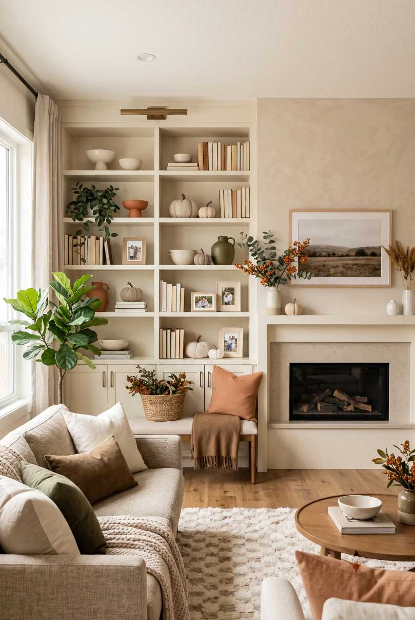 Fireplace with built-in shelves displaying fall decor books and vases symmetrical look
