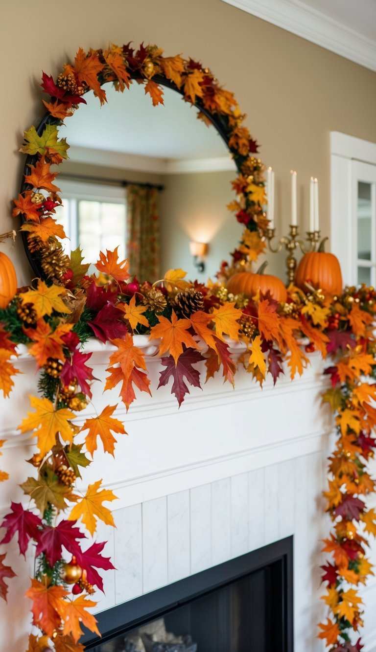 Mantel decorated with leafy garland, copper ornaments, soft fairy lights, natural wood mantle, warm glow