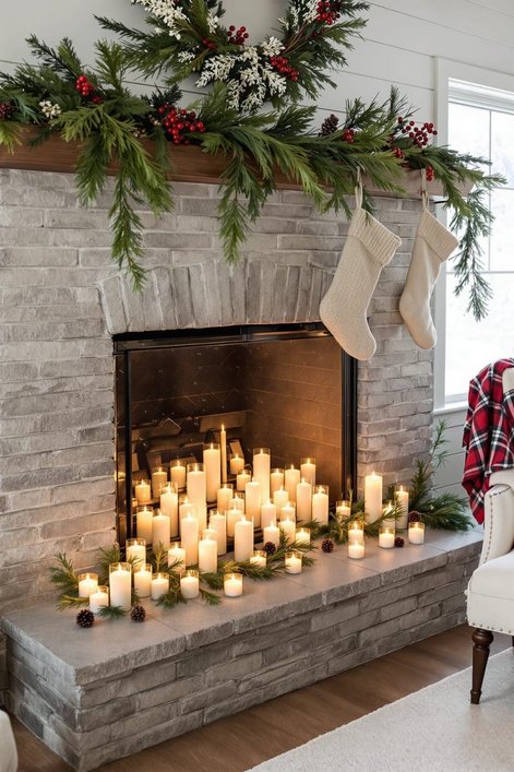 Modern mantel with three white pillar candles of varying heights in simple holders.