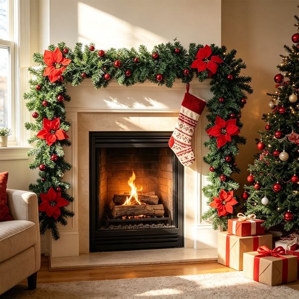 Mantel with a wreath arch and a single stocking for a minimalist look.