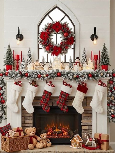 Child-friendly mantel with a green wreath and small teddy bear figurines.