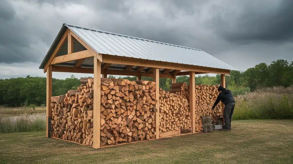 Living room with custom built-in arched wall niche displaying stacked firewood, cream walls.