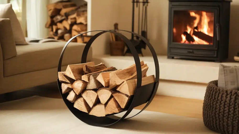 Loft style room with black iron pipe firewood stand near leather armchair and rug.