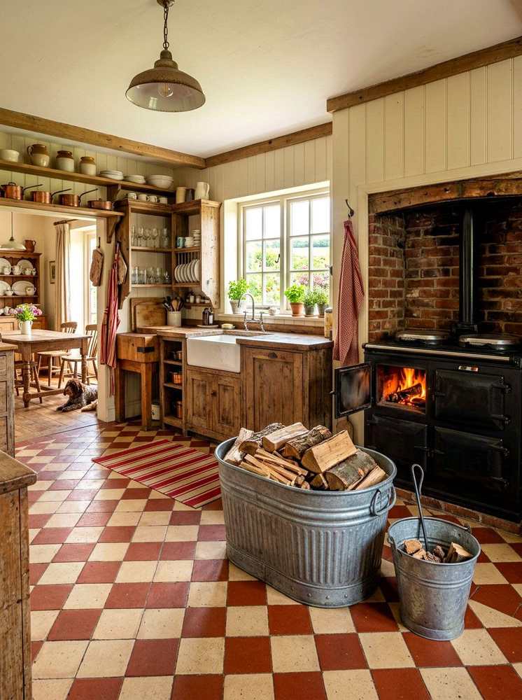 Farmhouse style room with DIY wood pallet crate on casters, rustic decor details.