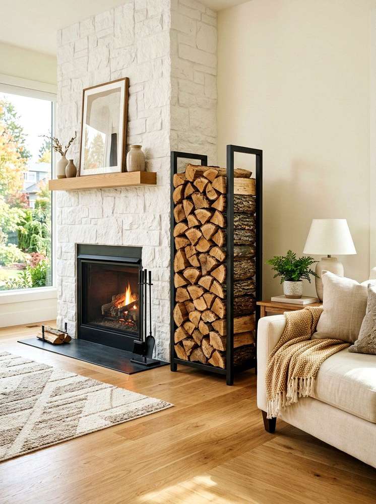 Coastal-inspired room with washed-out wooden box for firewood, blue and white palette.
