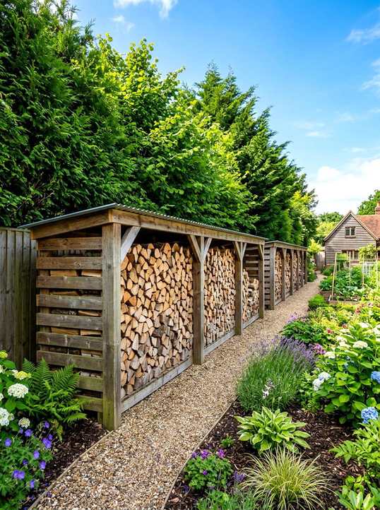 Workshop or loft space with heavy-duty metal cart on wheels filled with firewood.