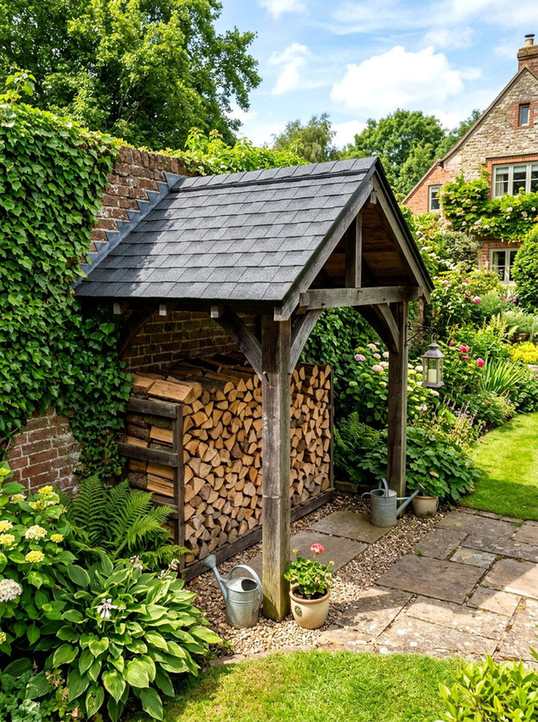 A heavy-duty wrought iron firewood rack placed on a herringbone brick hearth.