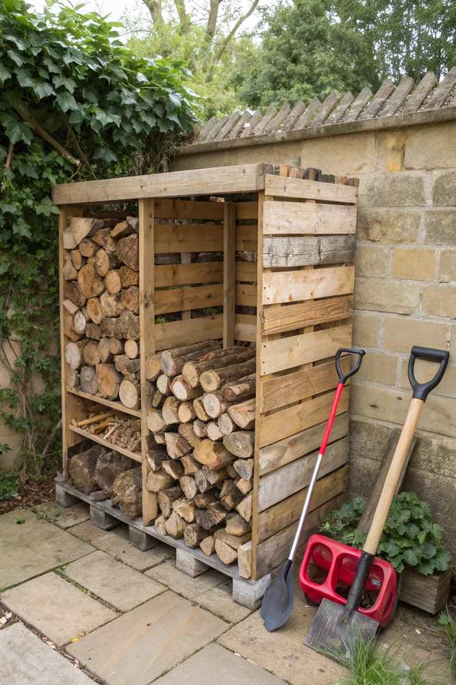 A modern, vertical firewood storage unit made of intersecting copper pipes.