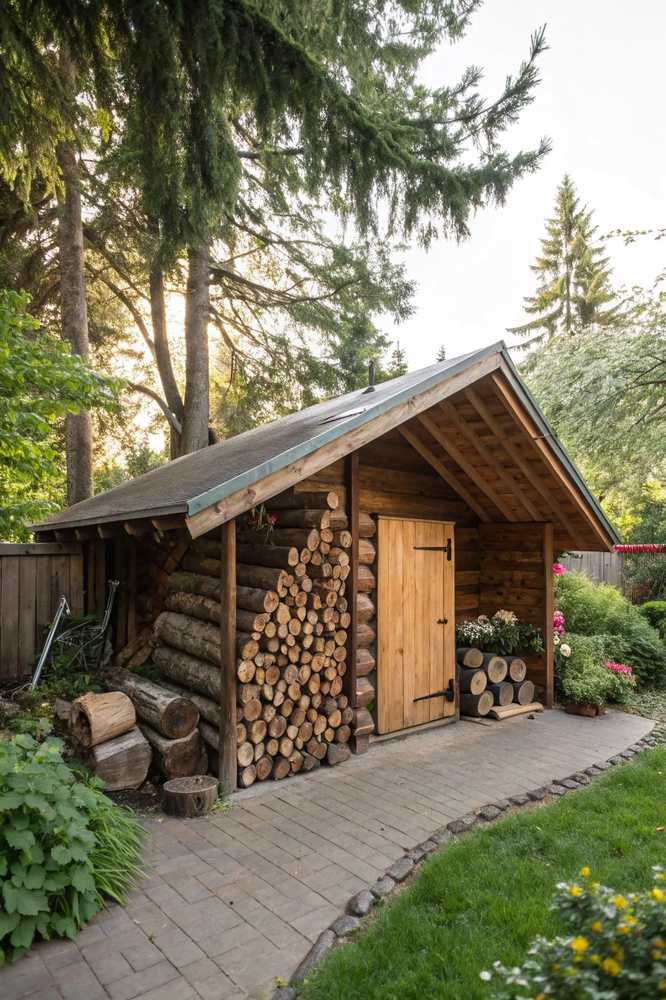A tall, hexagonal metal firewood tower filled with neatly stacked logs.