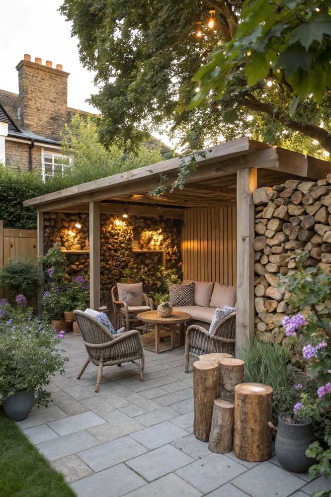 A deep stone-walled alcove integrated into a rustic mountain home fireplace design.