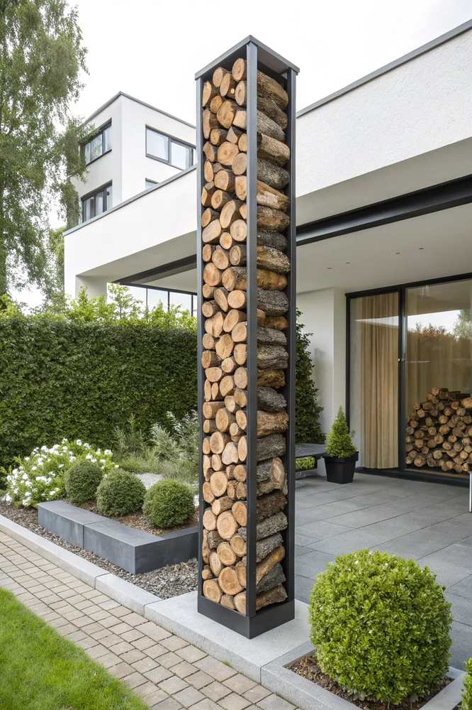 A rolling wire mesh cart filled with firewood in a loft-style living space.