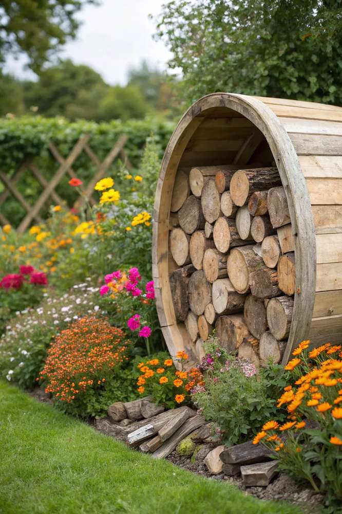 A large, circular metal hoop holding a perfect stack of firewood.
