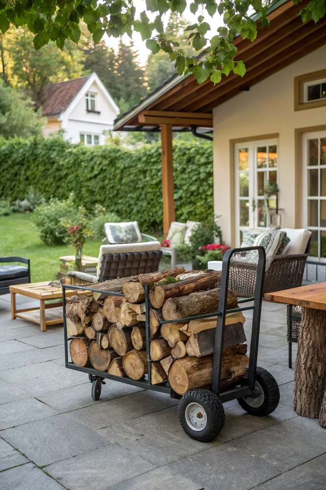 Stacked whitewashed wooden crates filled with firewood in a coastal-style living room.