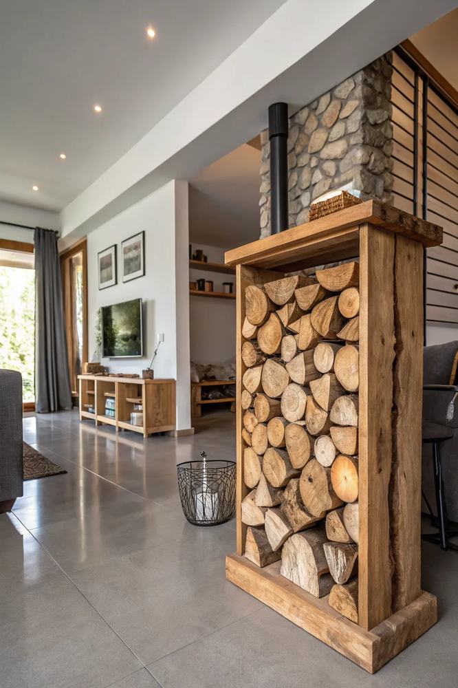 A firewood rack suspended from the ceiling by thick jute ropes.