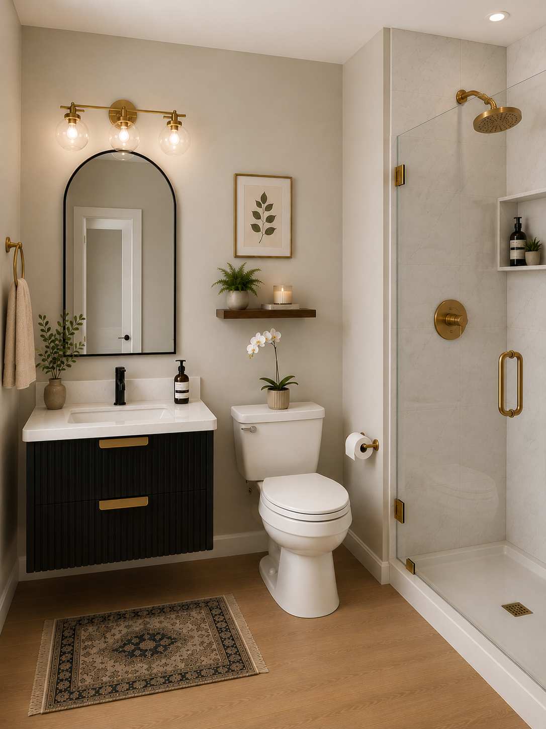 Modern bathroom featuring a floating black vanity, gold faucet hardware, white marble countertop, and recessed lighting.