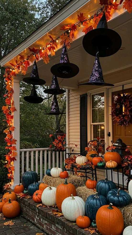 Porch with floating witch hats and a mix of blue and orange pumpkins.