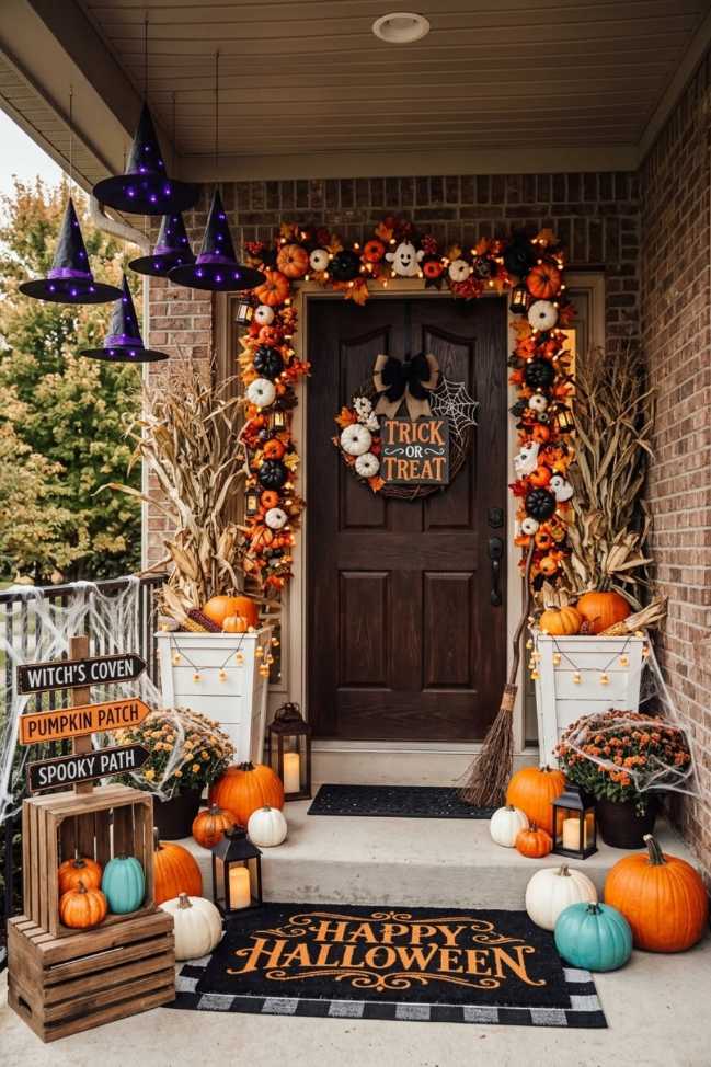 Porch with an arch of pumpkins and floating witch hats above the door.