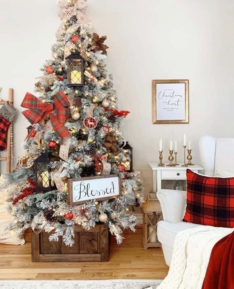 Cozy parlor flocked tree with dusty rose vintage ribbon, velvet chaise lounge, soft lighting