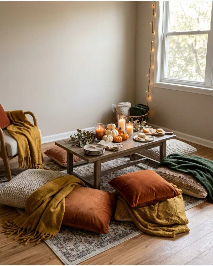 Floor cushions and a low coffee table set up for a casual picnic