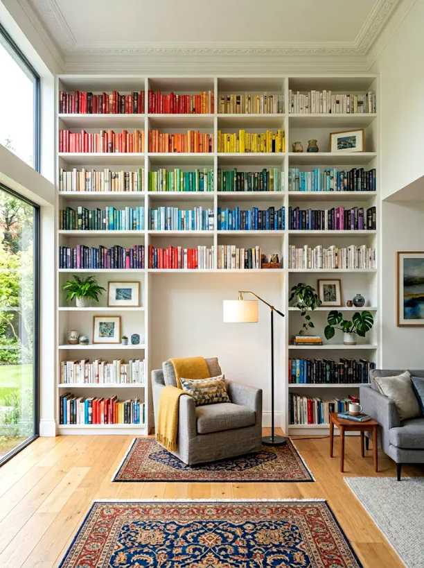Vibrant multicolor bookshelf, white reading chair, natural light, pastel rug, soft LED strip lighting.