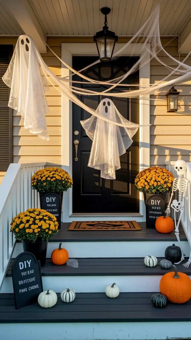 Porch with flying cheesecloth ghosts, yellow mums, and a skeleton figure.