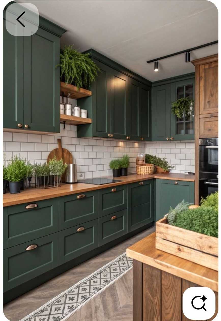 Forest green cabinets, wood countertop, white subway tile backsplash, bright LED lighting.