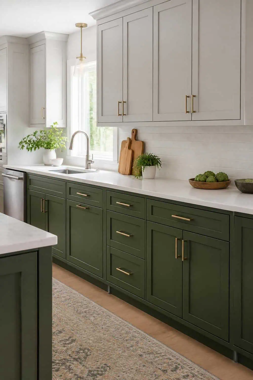 Kitchen scene, forest green island cabinets, pale gray wall cabinets, glass backsplash, natural light