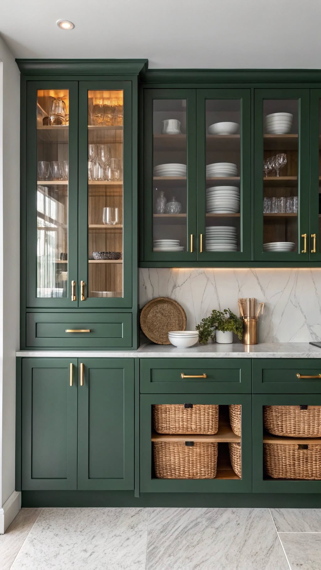 Forest green pantry cabinets, glass doors, wicker baskets, natural light, rustic accessories.