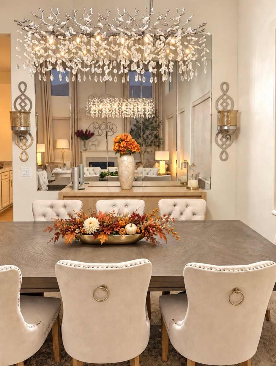 Grand dining room, gold bowl centerpiece, fall foliage, crystal chandelier, deep mahogany table, warm lighting.